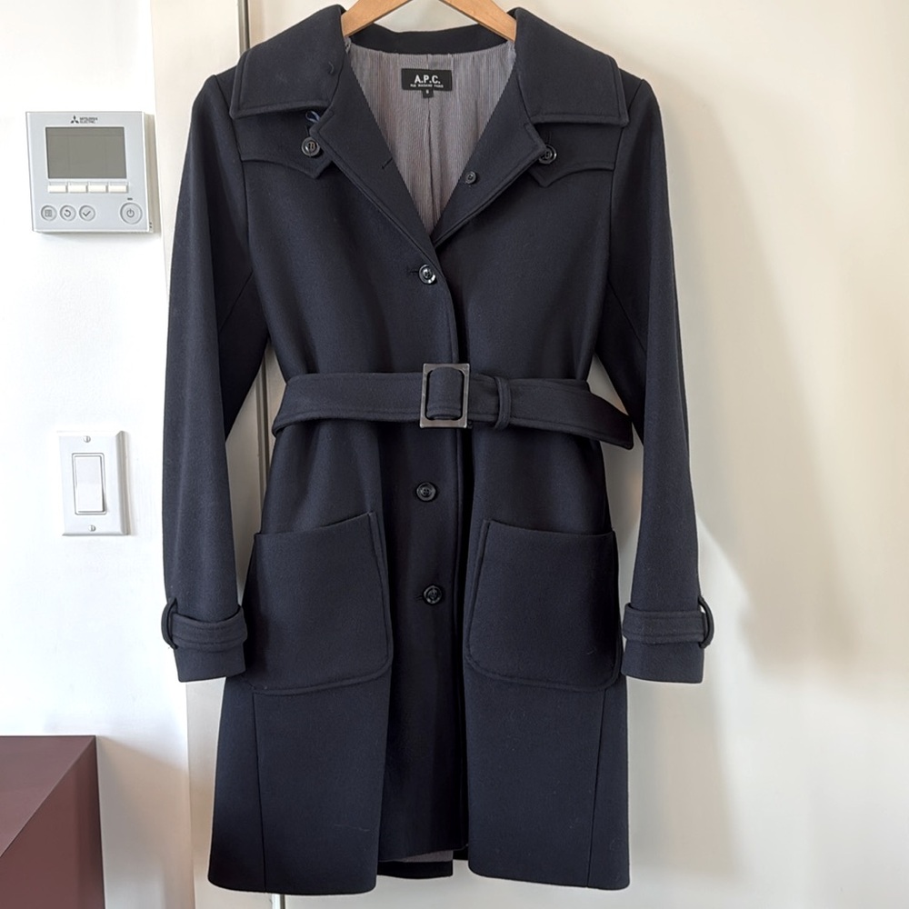 A.P.C. women’s belted midlength wool trench coat w/ detachable hood Navy size S.